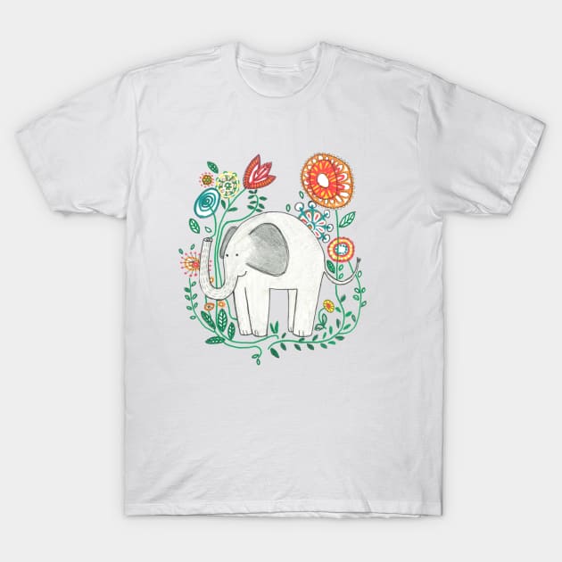 Elephant Among Flowers T-Shirt by BeFaCToo